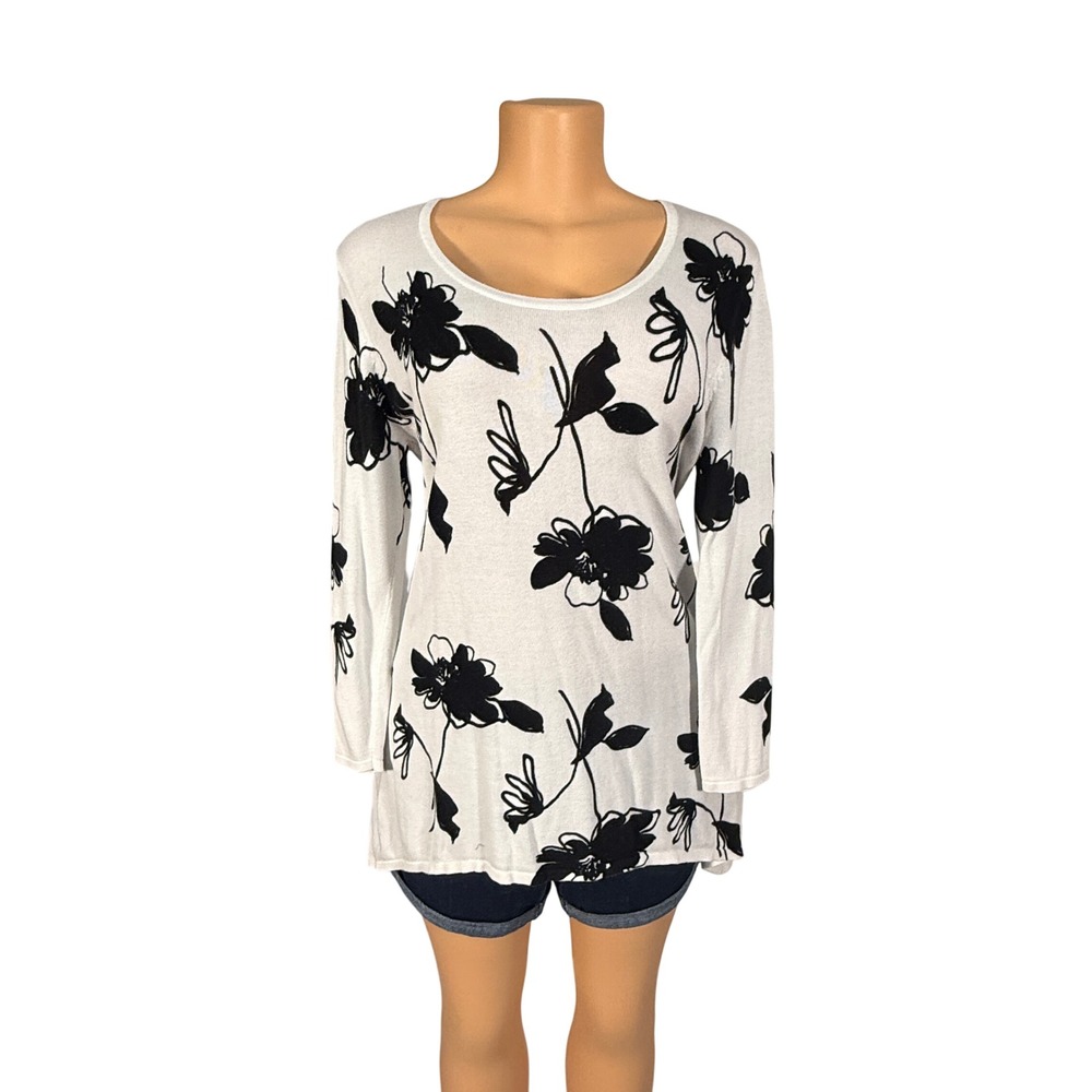 Anne Klein Tunic Sweater Womens L White Excellent Floral Long Sleeve Knit Top